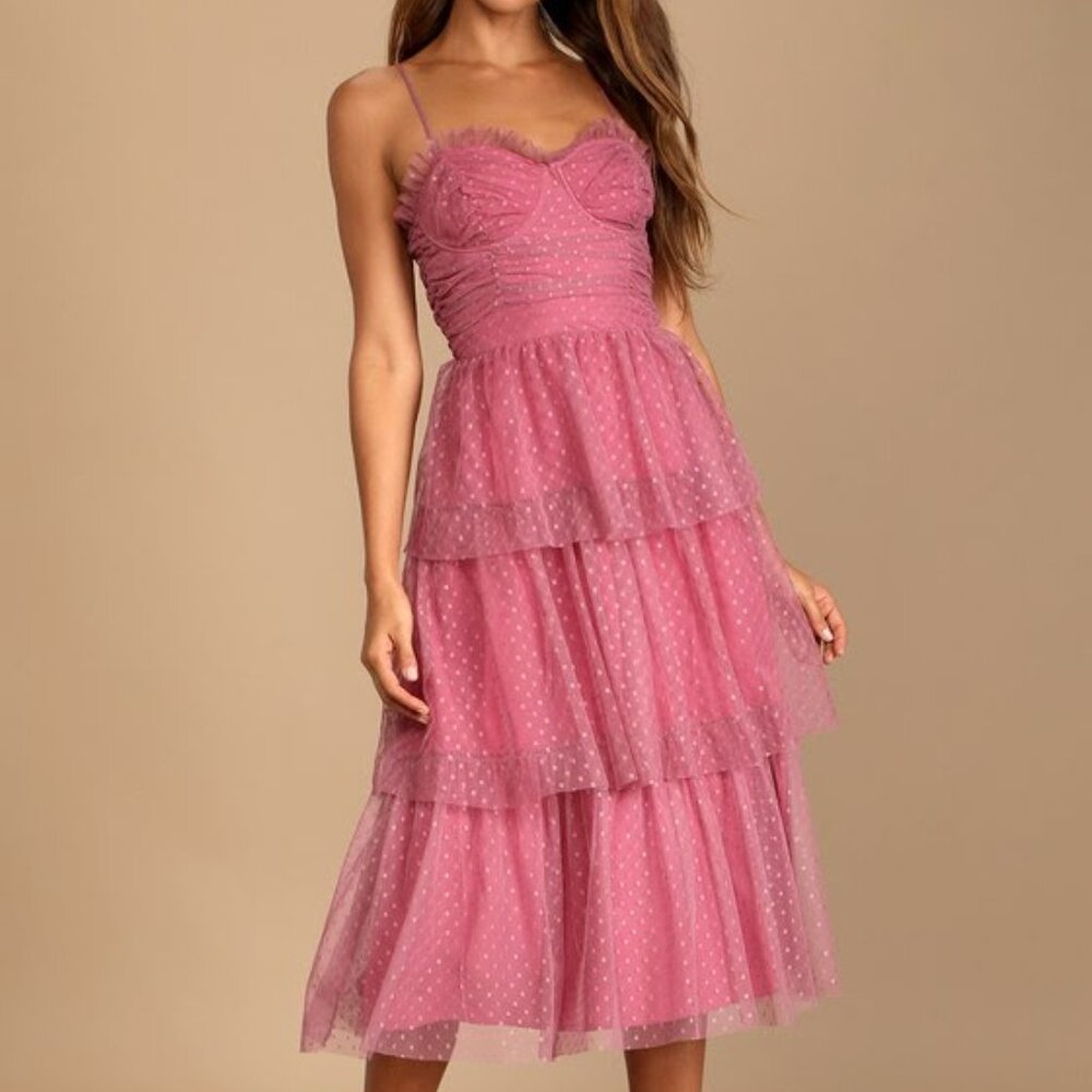 Lulus Sweetheart Style Mauve Polka Dot Bustier Tiered Midi Dress Size L